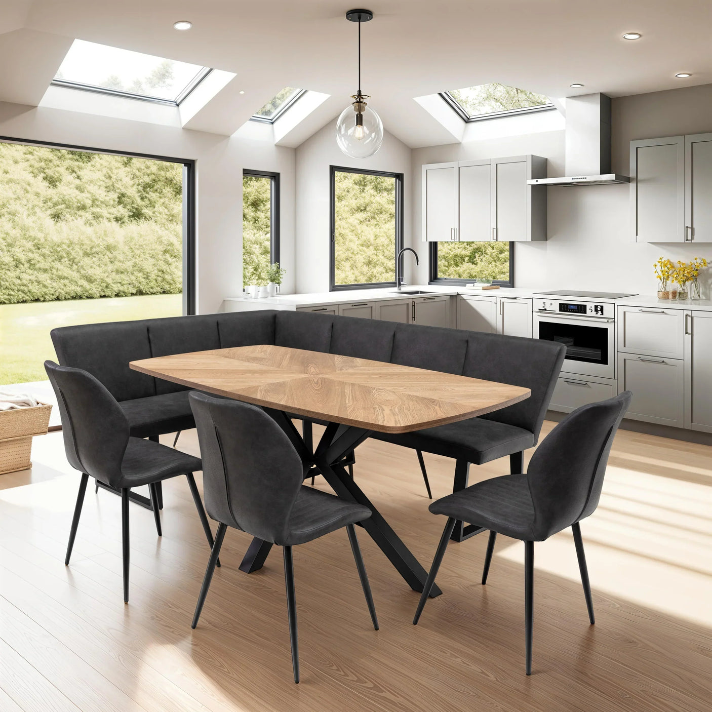Wood dining table with black velvet corner bench and chairs in modern kitchen
