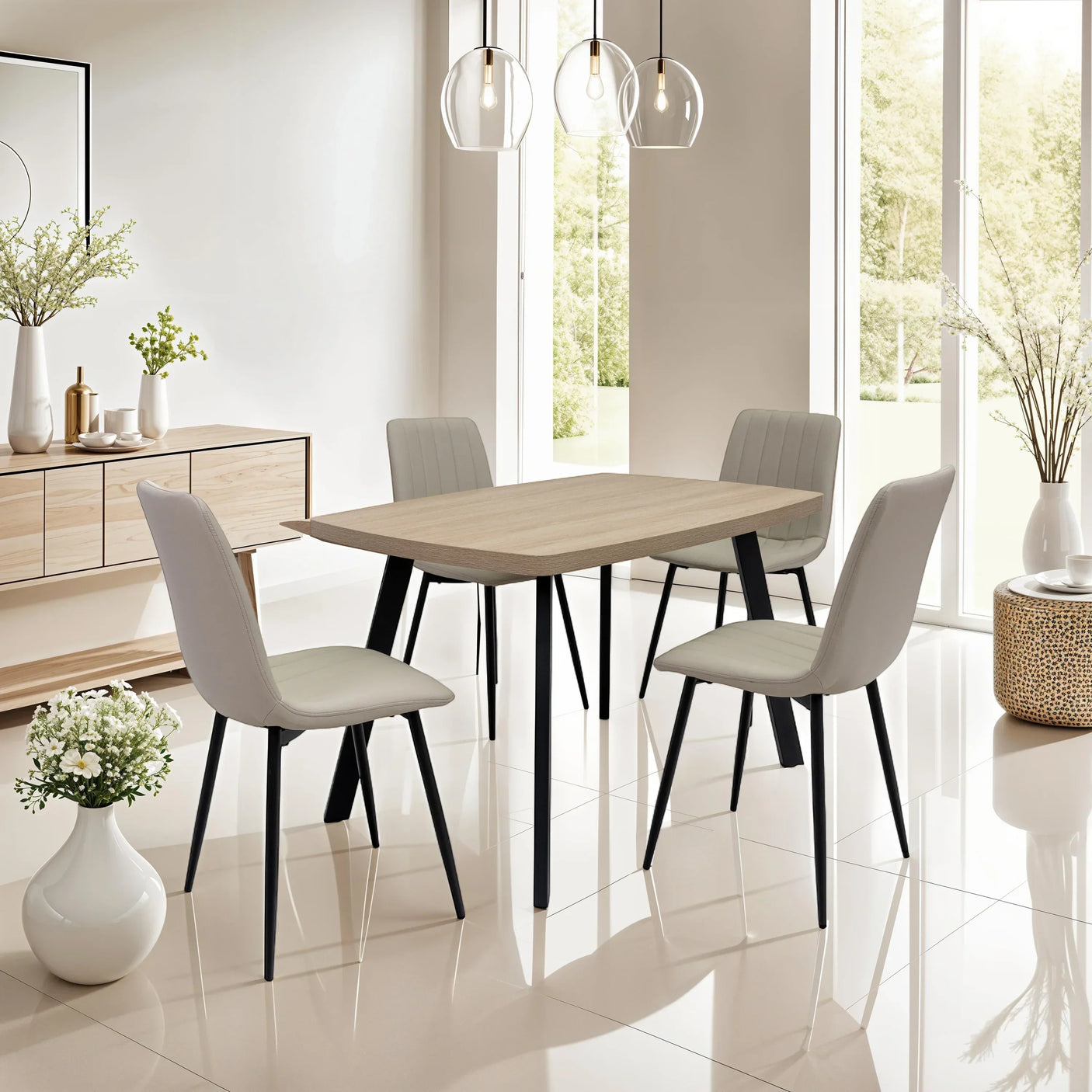 Rectangular oak dining table with four beige padded chairs in modern dining room