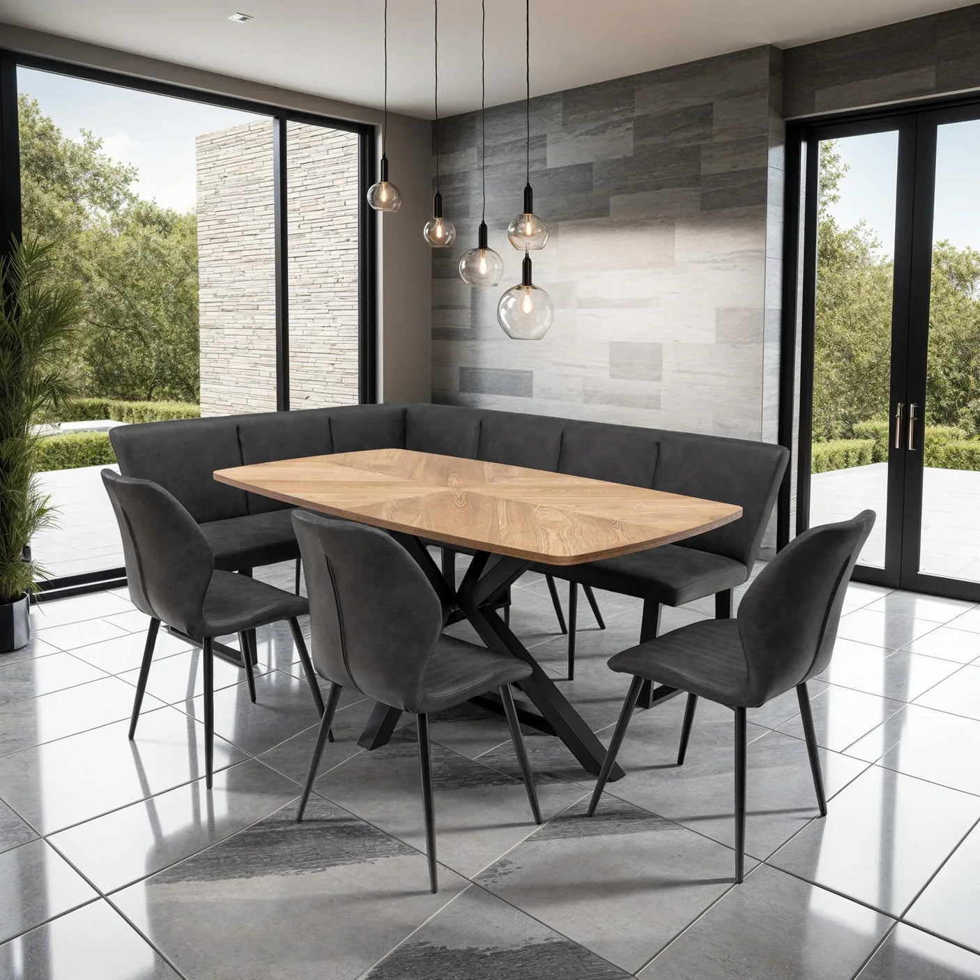 Modern dining table set with wooden top, corner bench seating and grey chairs in light-filled room