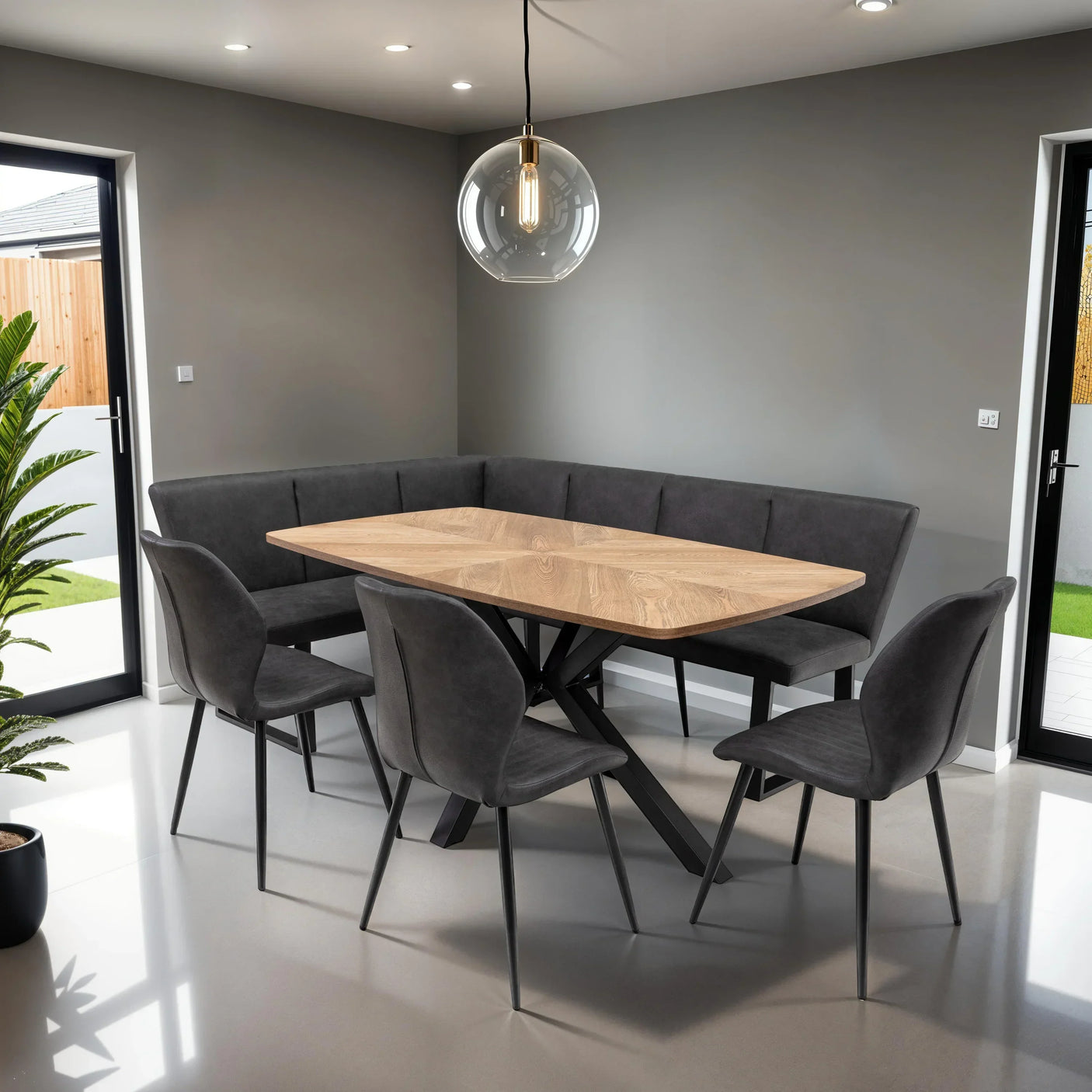 Corner dining set with grey fabric bench, black metal legs and oak effect table top