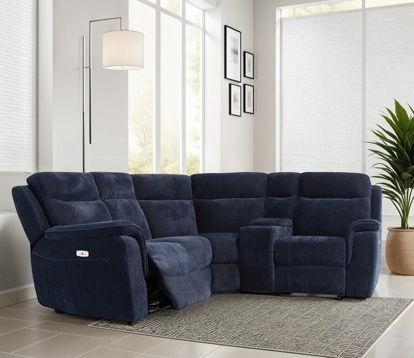 Blue fabric corner sofa with recliner feature in modern living room setting