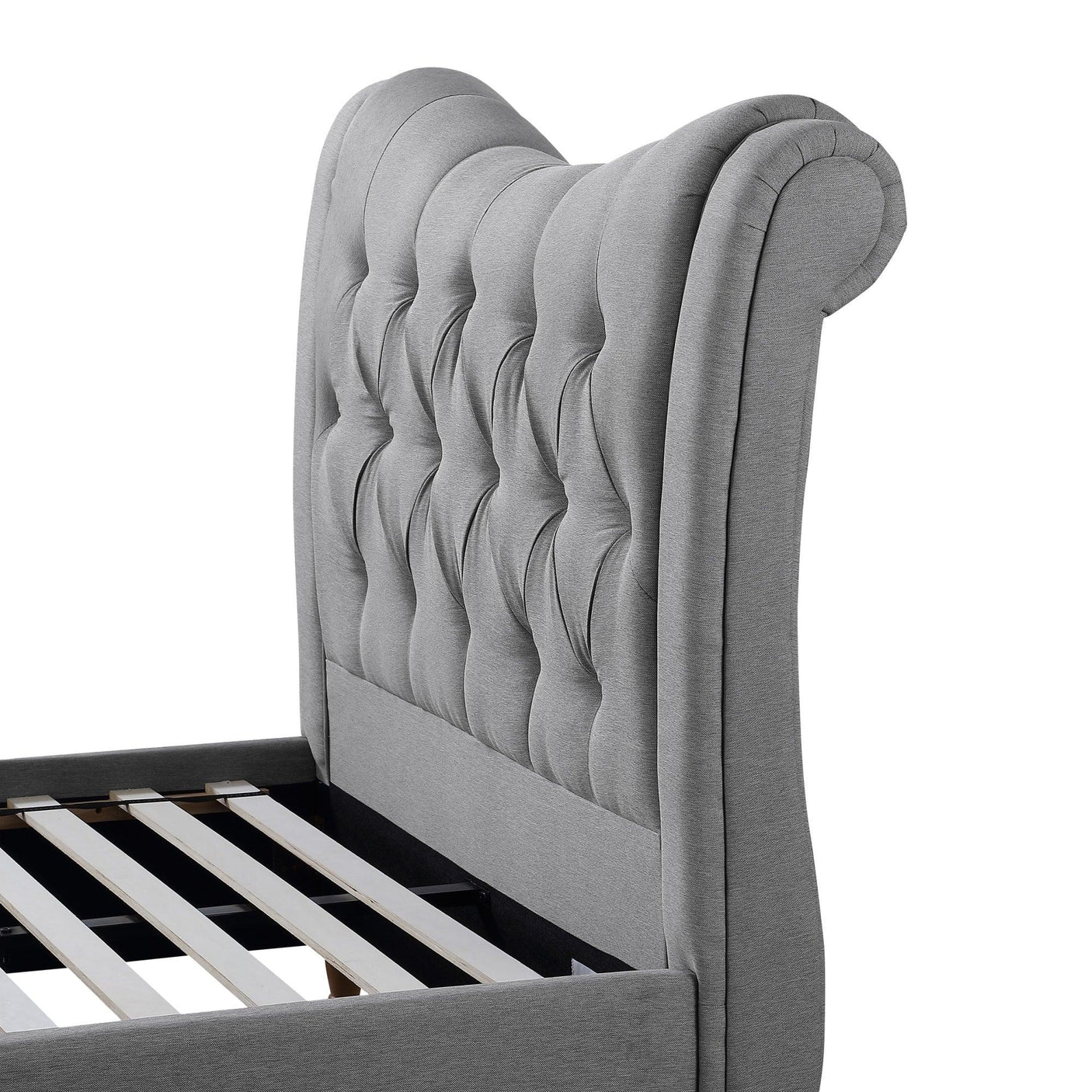 Grey upholstered bed frame with tufted wingback headboard and wooden slats