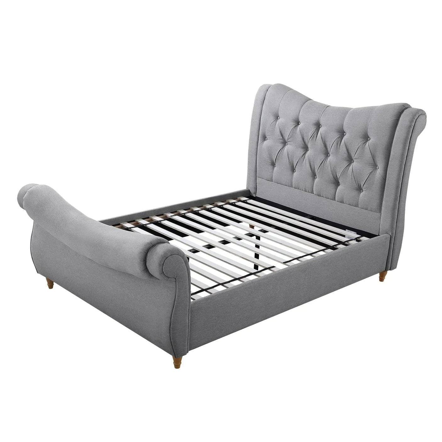 Grey upholstered bed frame with button-tufted headboard and footboard, wooden slats