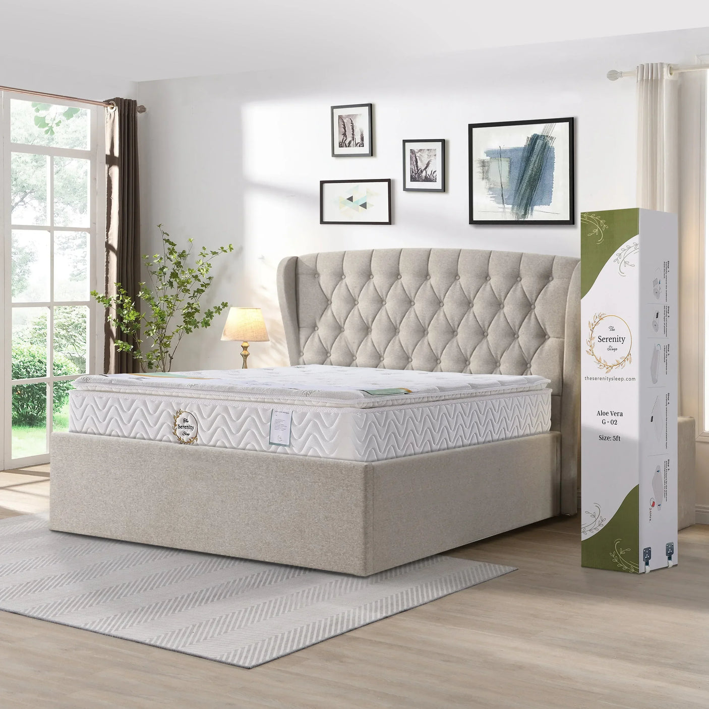 King size grey upholstered bed frame with Serenity aloe vera mattress in bright bedroom
