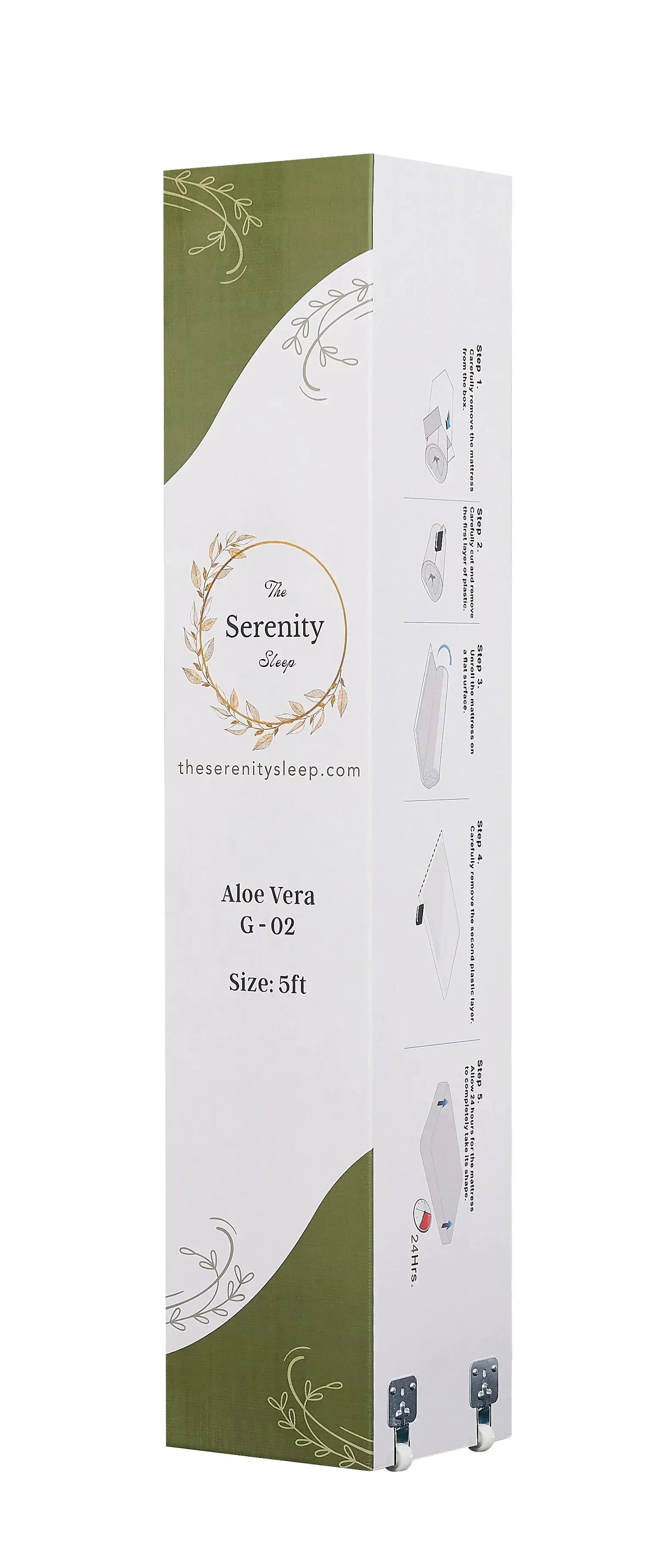 Boxed Aloe Vera mattress 5ft with leaf design and step-by-step unpacking instructions on side