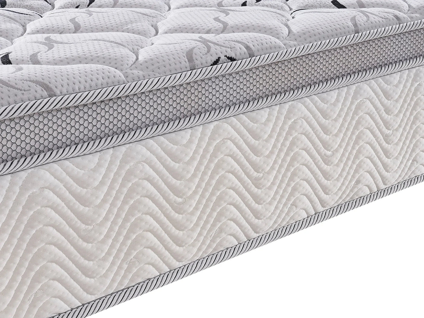 Side view of a white mattress with quilted top and textured fabric border detail