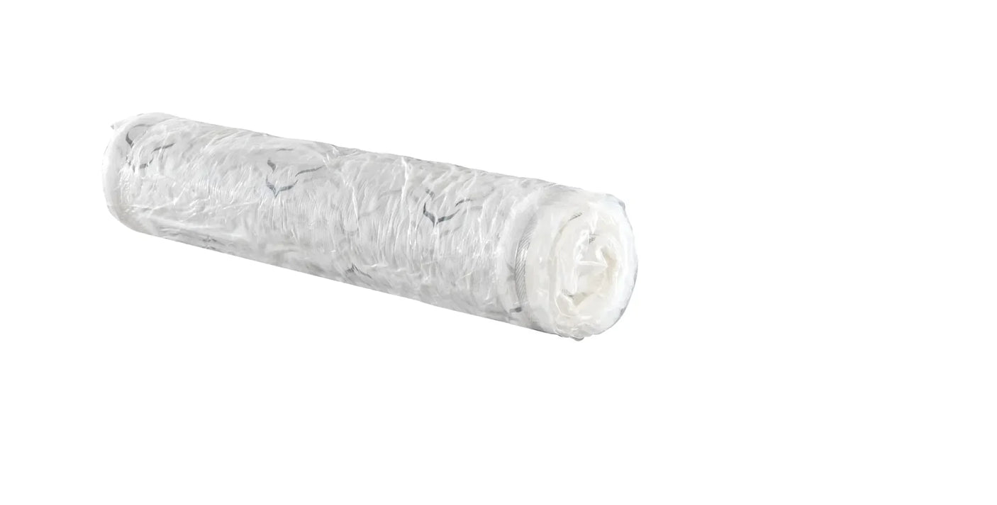 Rolled mattress wrapped in protective plastic packaging on white background