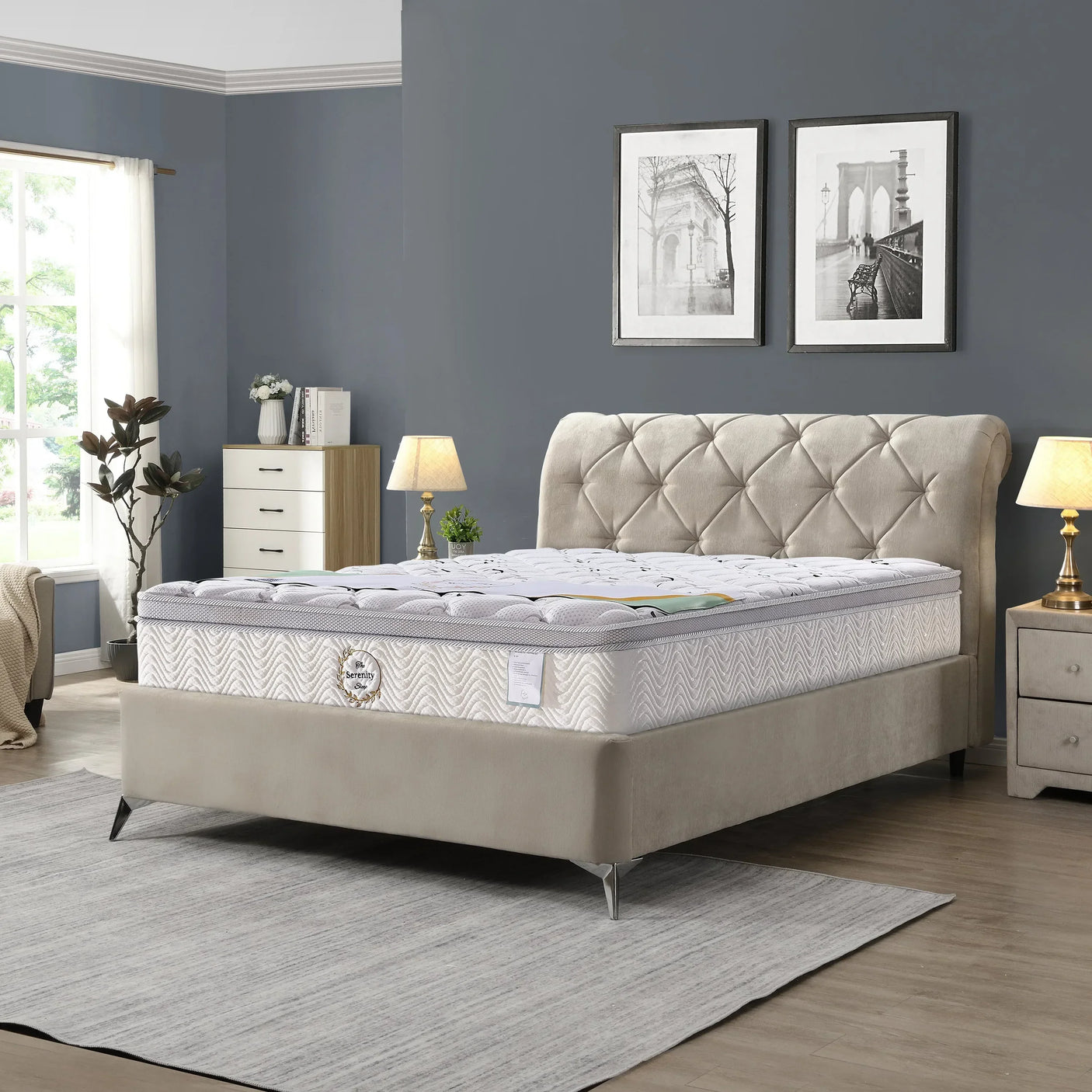 Upholstered bed frame with tufted headboard and mattress in modern bedroom setting