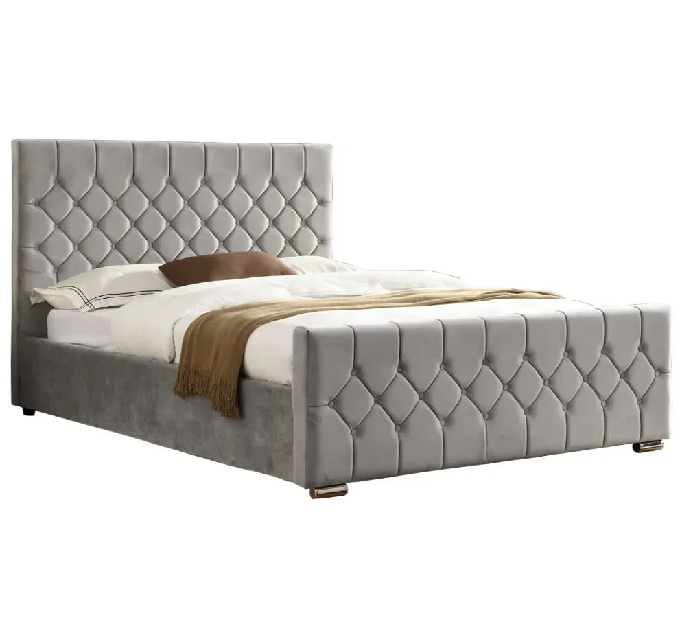 Grey velvet upholstered bed frame with diamond tufted headboard and footboard