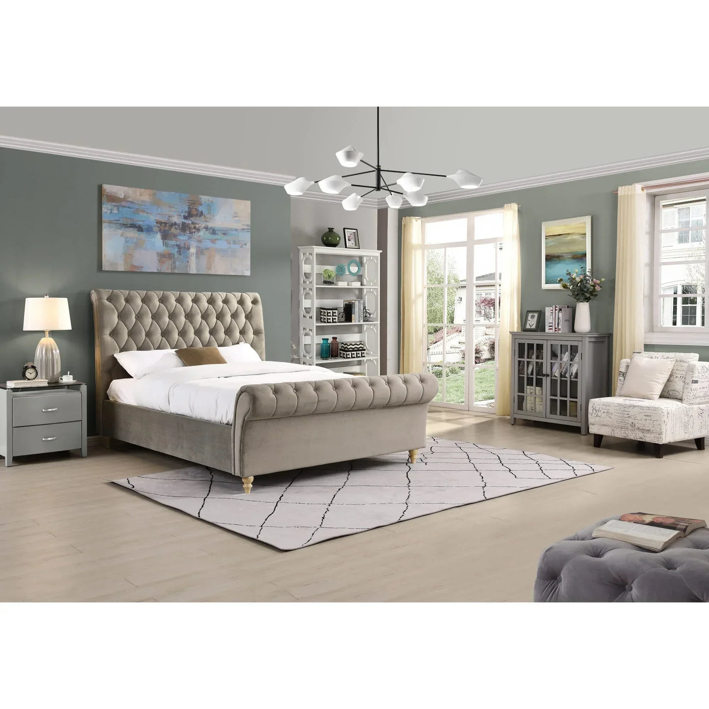 Grey upholstered bed with button-tufted headboard in modern bedroom setting with window view