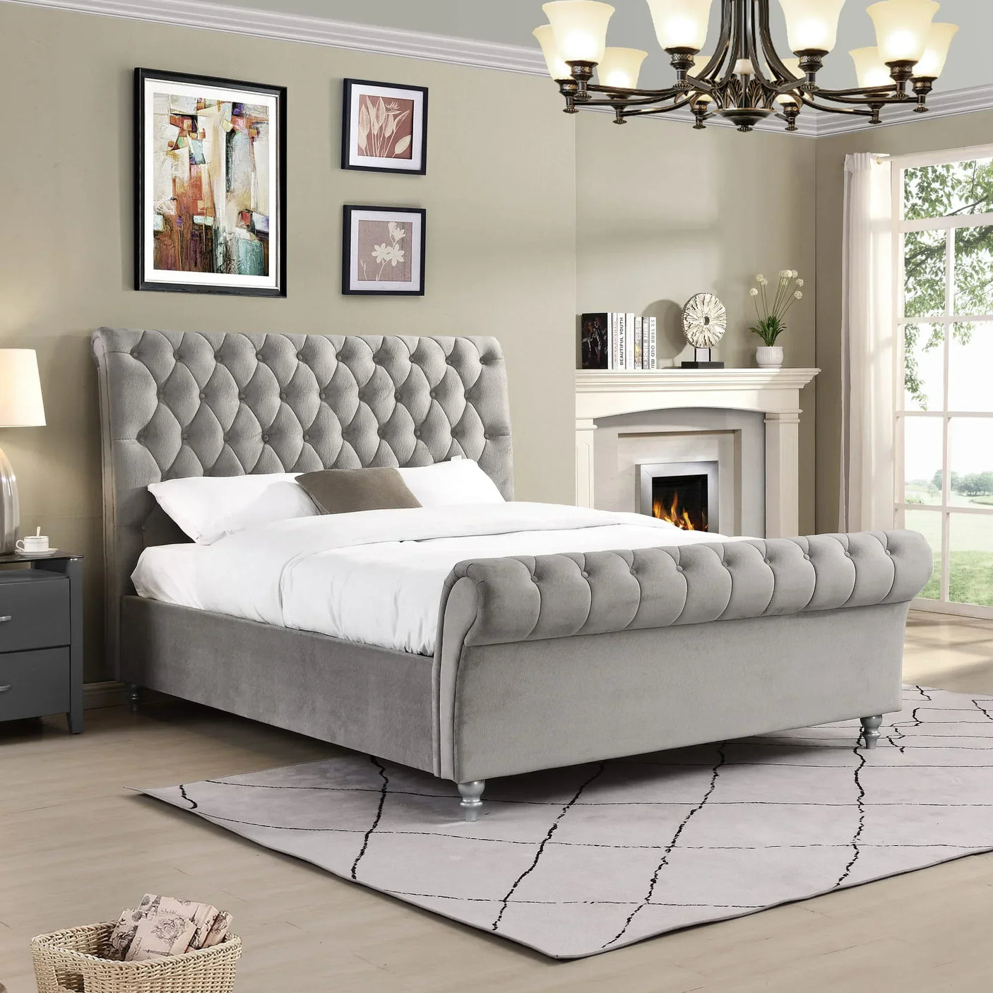 Grey velvet upholstered bed with tufted headboard in stylish bedroom setting