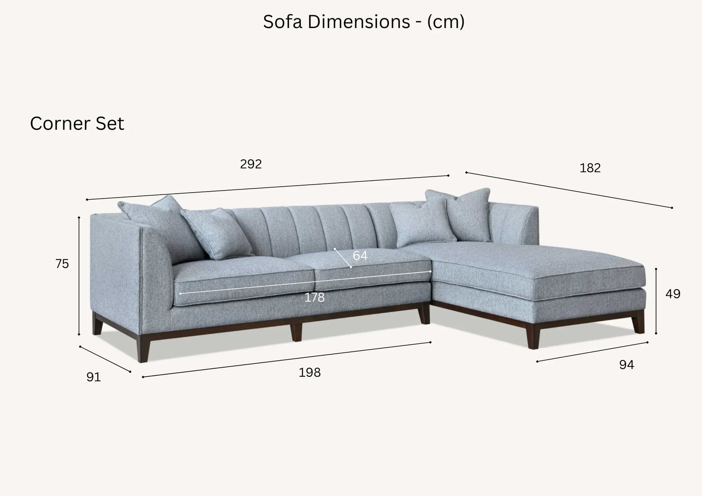 Light grey corner sofa with chaise lounge and cushions, showing detailed sofa dimensions in cm