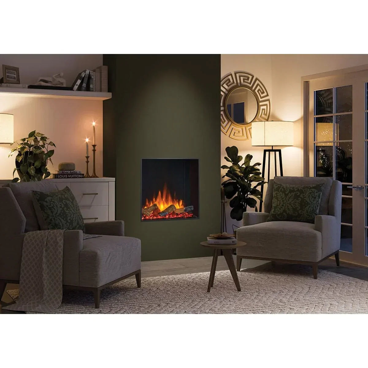 Modern living room lounge chairs with electric fireplace and wall mirror