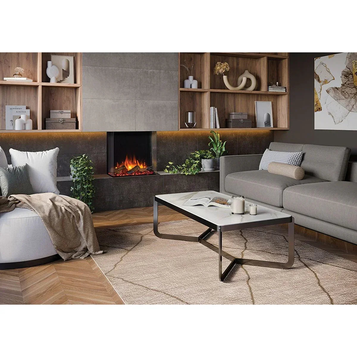 Modern living room with grey sofa, marble coffee table, fireplace, and wooden shelving