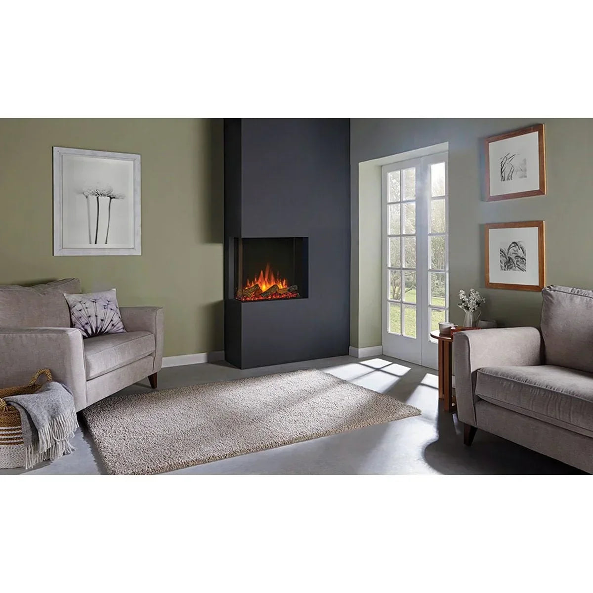 Modern living room with corner electric fireplace, two grey sofas and large beige rug