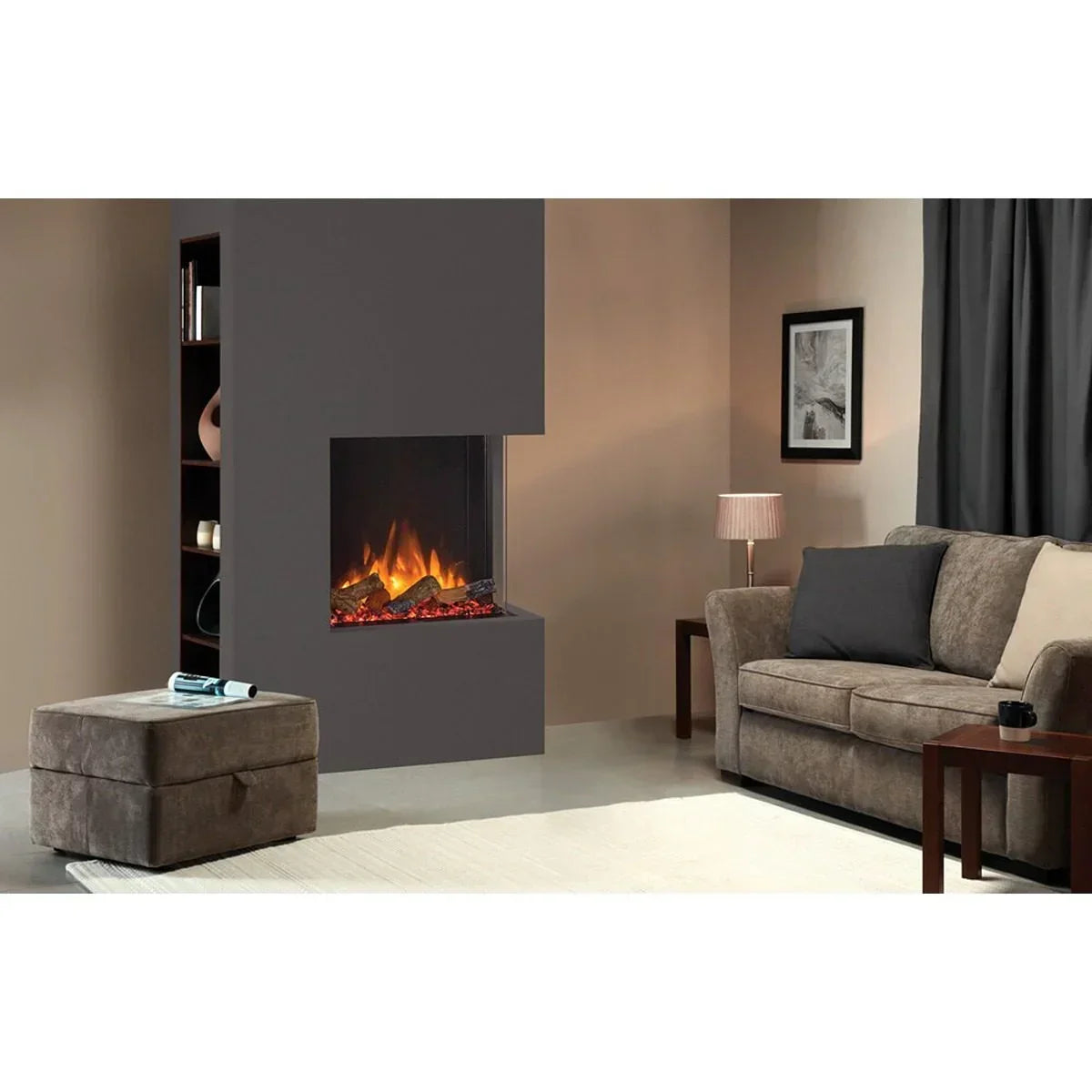 Modern living room with corner electric fireplace, brown fabric sofa and matching ottoman