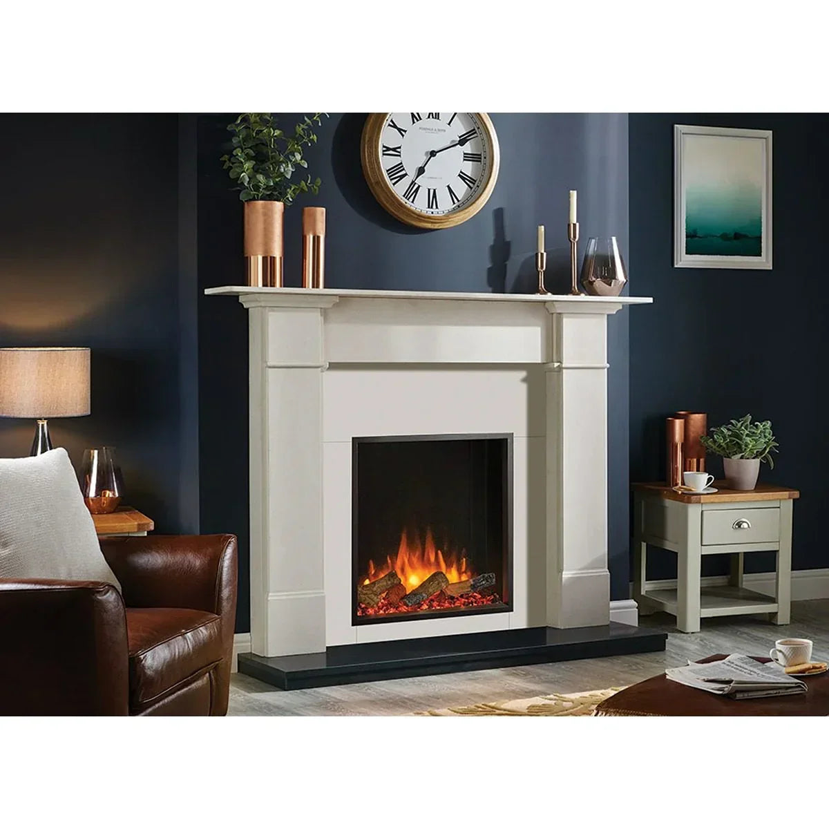 Modern electric fireplace with white mantel in living room setting, flame effect visible