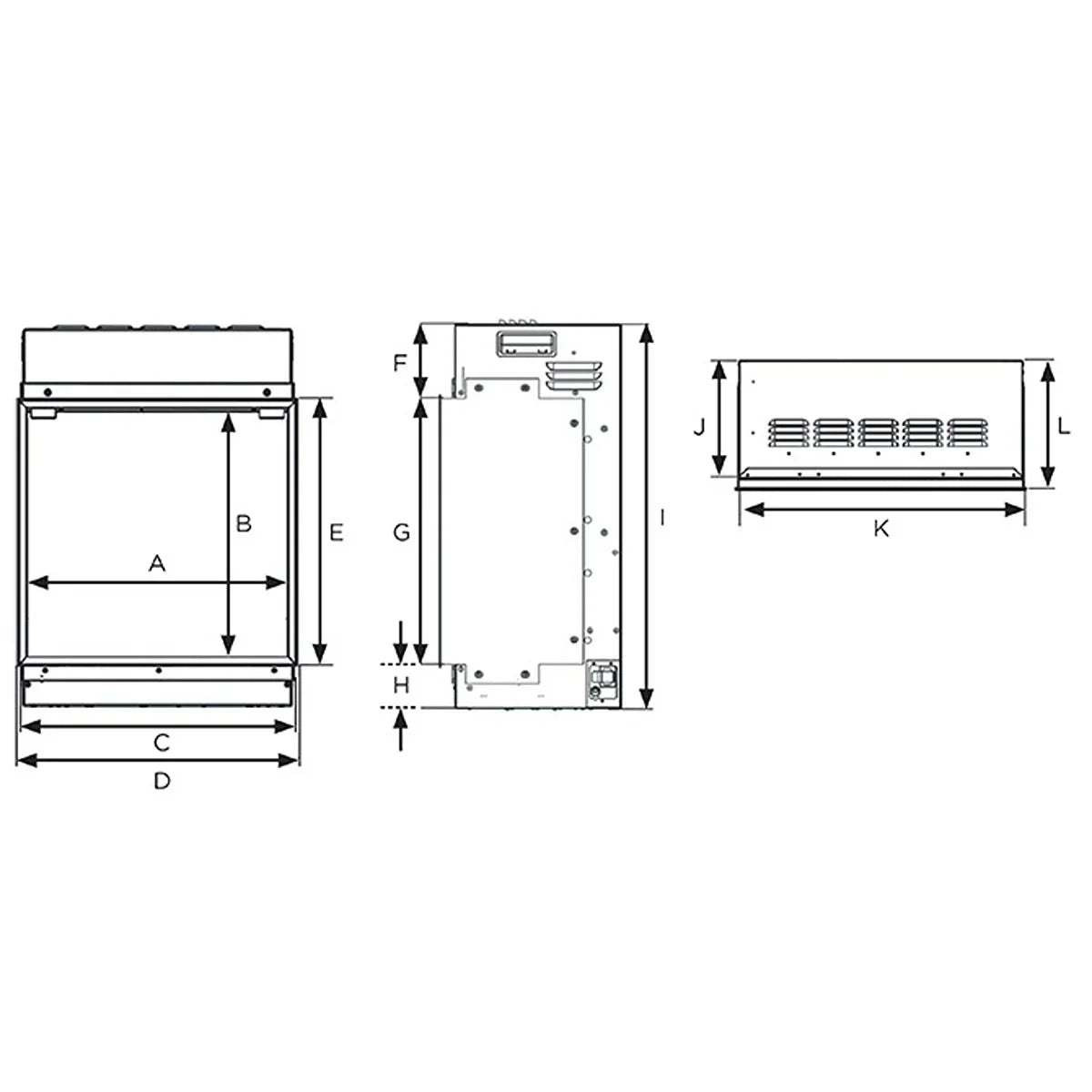 Technical line drawing of a refrigerator with labeled dimensions and ventilation detail