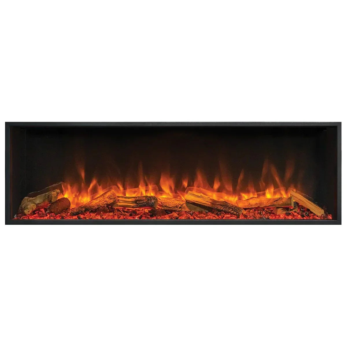 Wide electric fireplace with realistic log effect and orange flame display