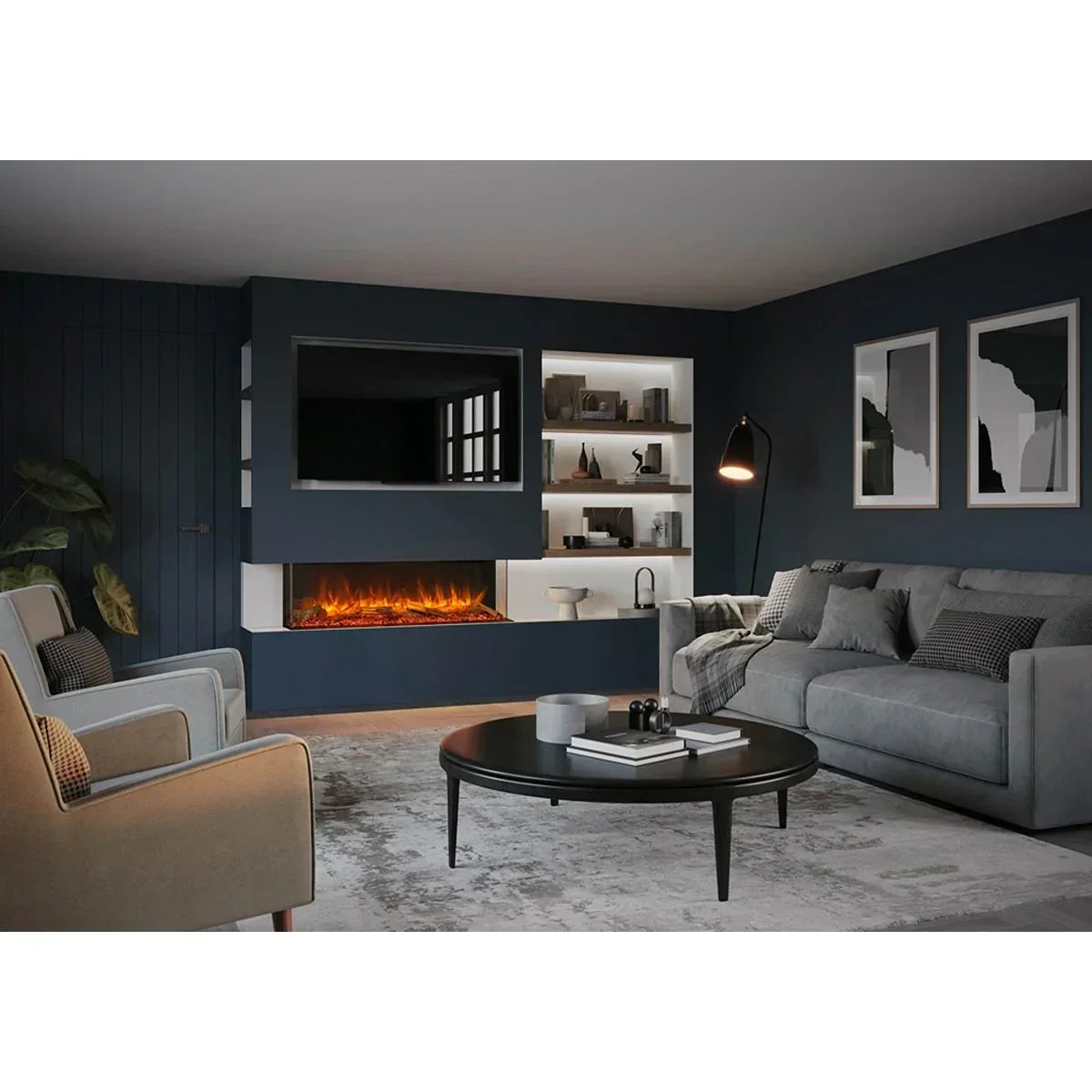 Modern living room with grey sofa, armchairs, wall-mounted electric fire and round coffee table