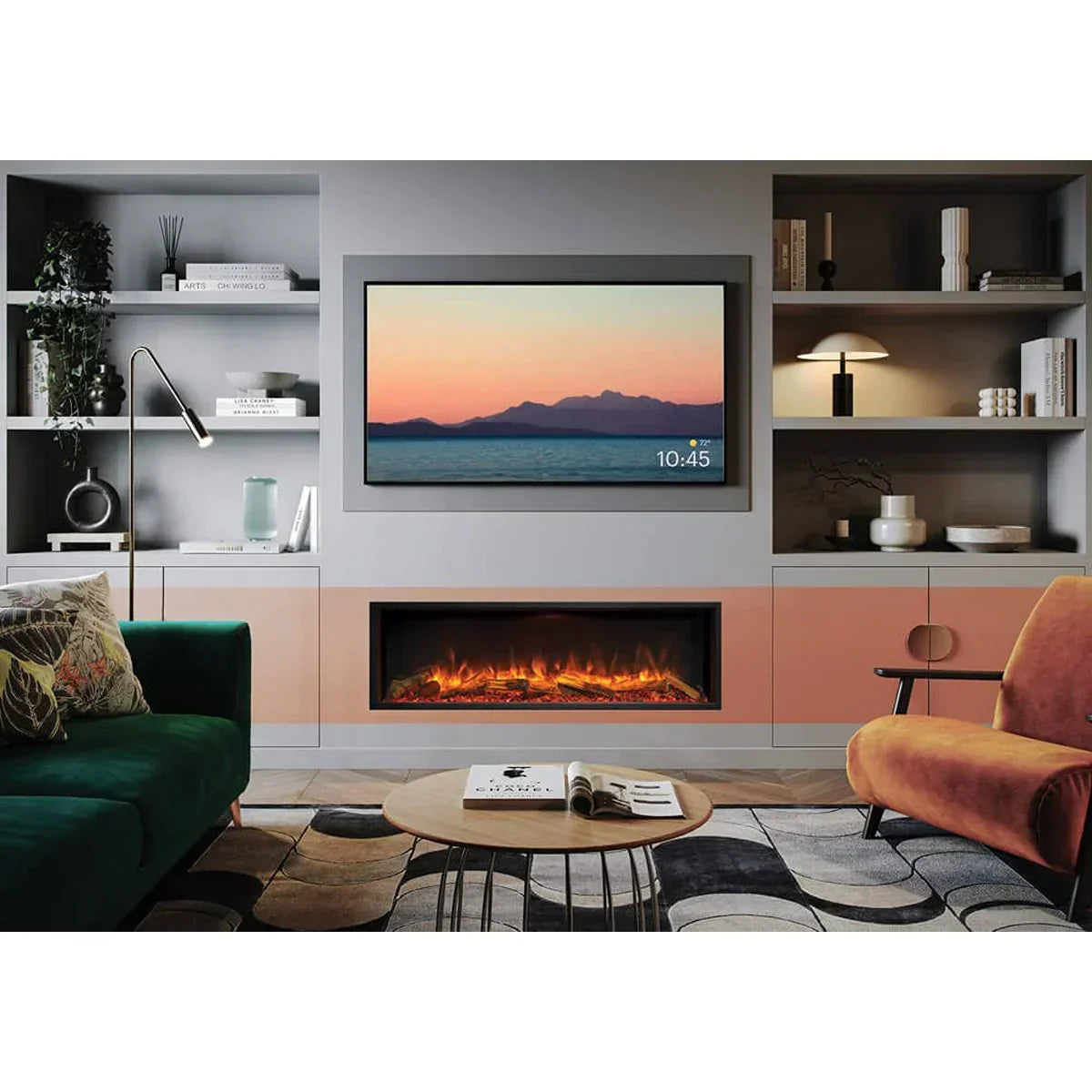 Modern living room with electric fireplace, wall-mounted TV, shelving, and velvet armchair