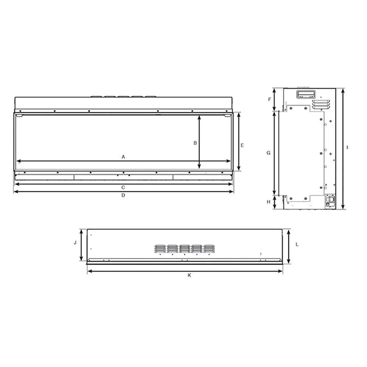 Electric fire dimensions schematic with front, side and top technical views