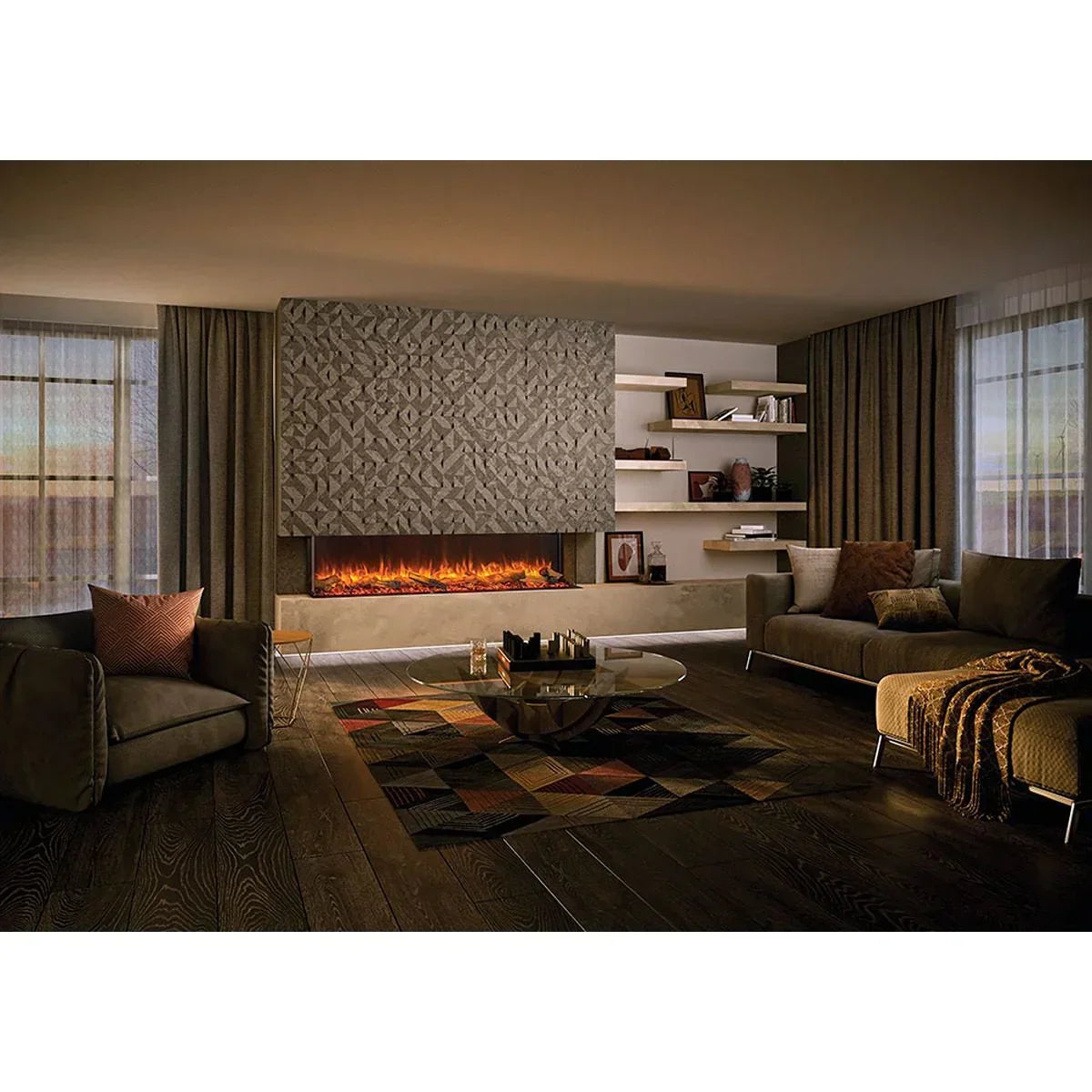 Modern living room with electric fireplace, brown sofas, geometric rug, and wall shelving