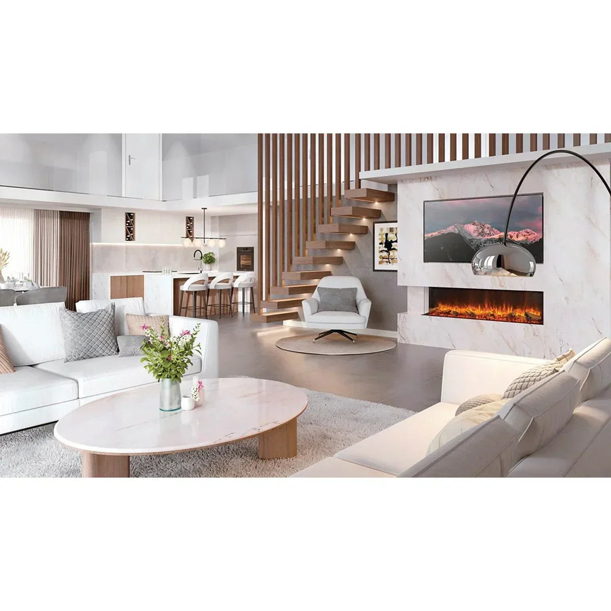 Modern living room with white sofas, marble coffee table, electric fireplace and open staircase