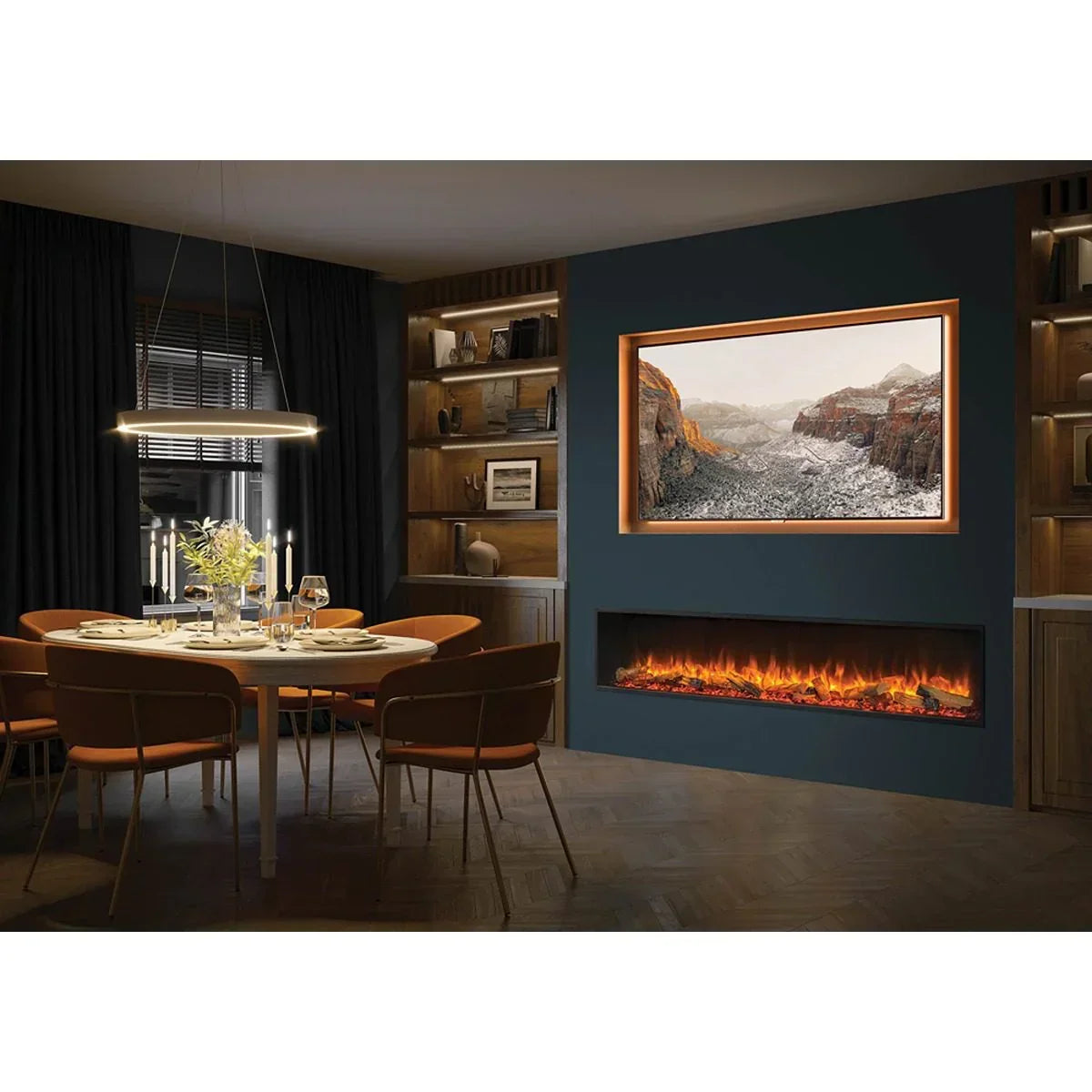 Modern dining room with wall mounted electric fireplace and wooden dining table set
