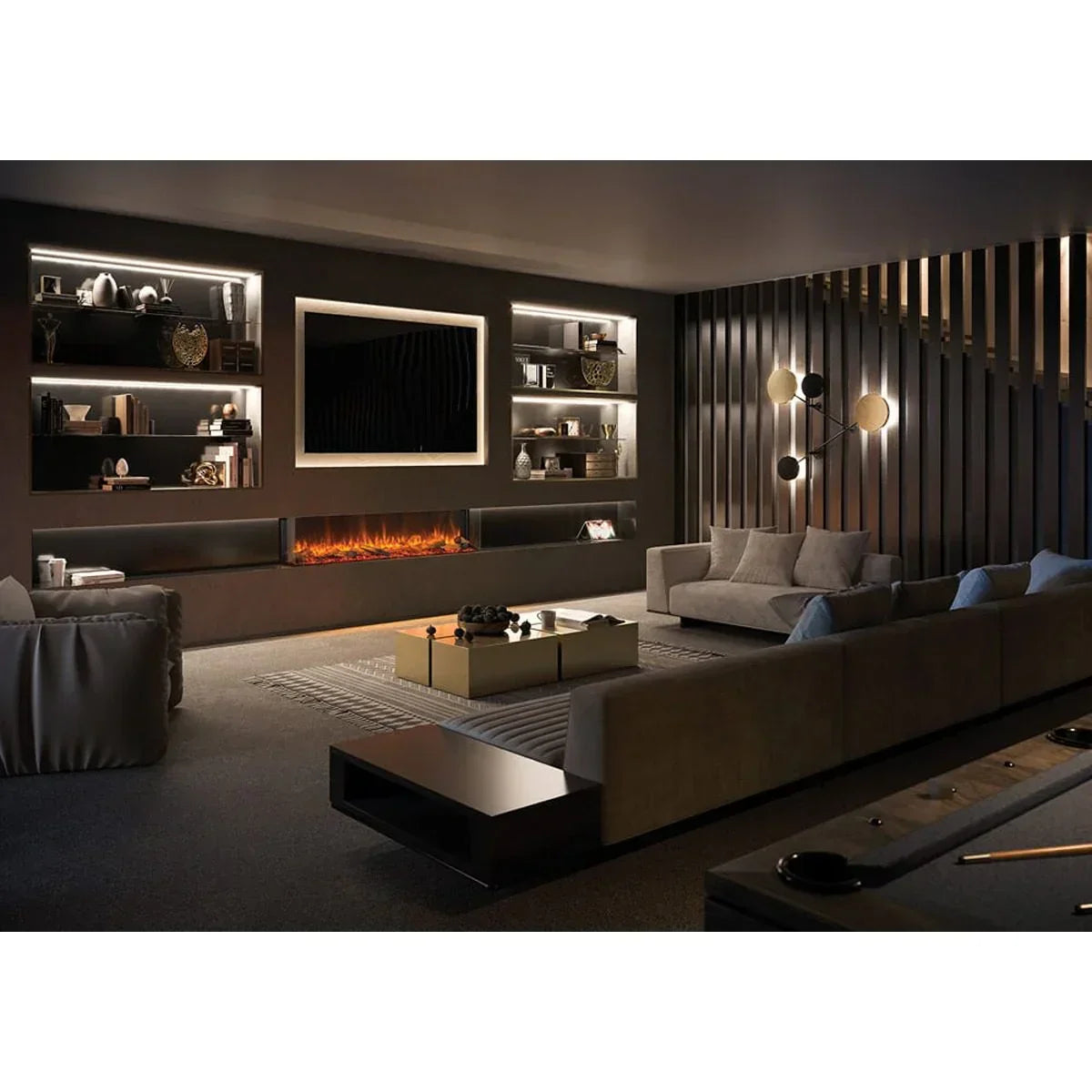 Modern living room with grey fabric sofas, wall-mounted electric fireplace, and built-in shelves