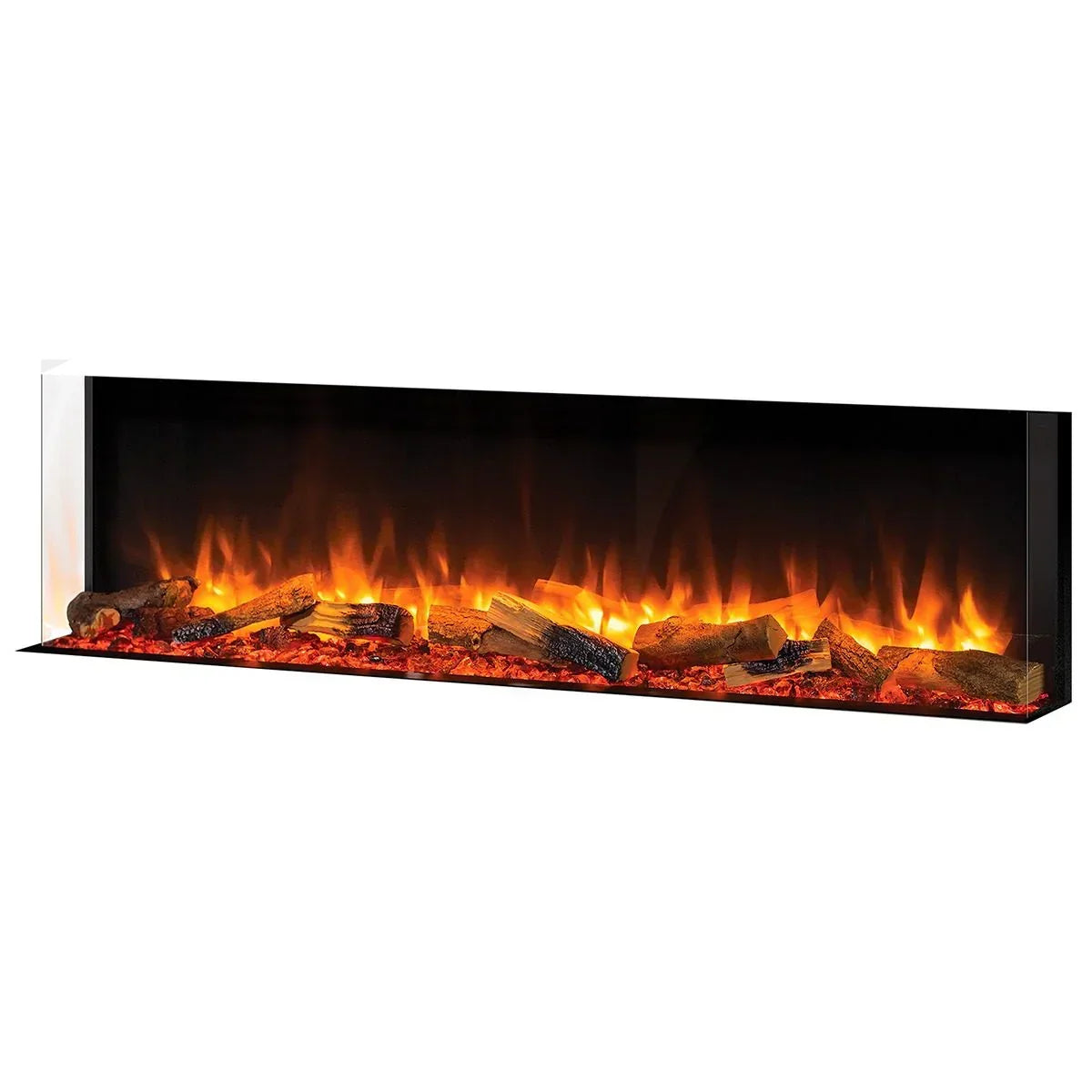 Wide electric fireplace with realistic flame effect and log feature in black frame