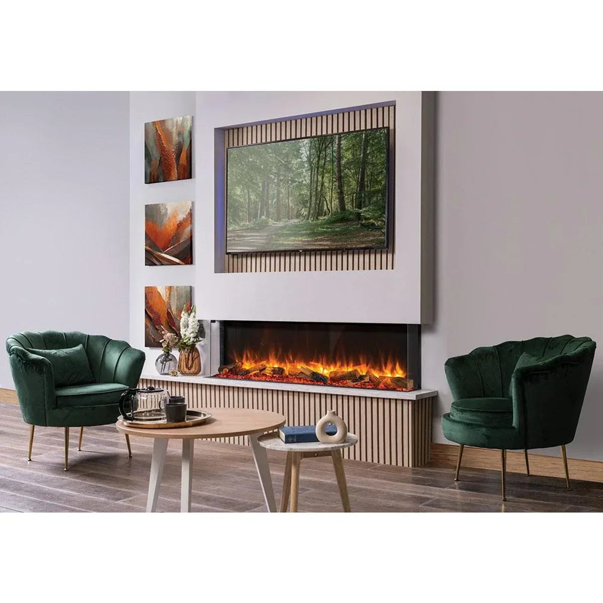 Modern electric fireplace with green velvet armchairs and wooden coffee table in living room