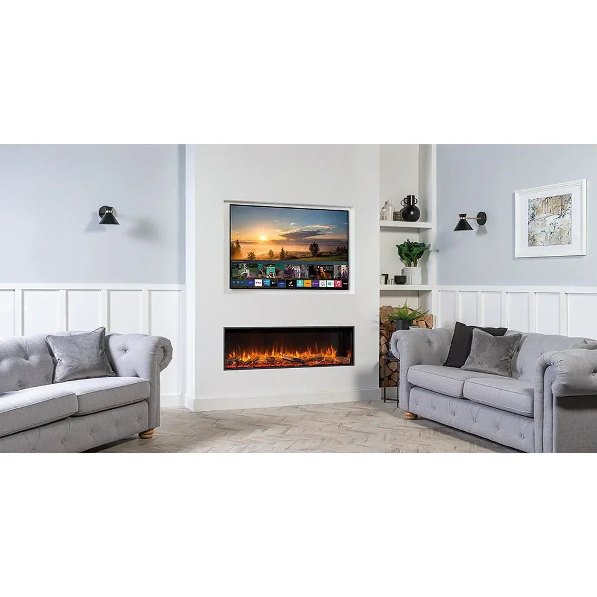 Grey fabric sofas in modern living room with electric fireplace and wall-mounted TV