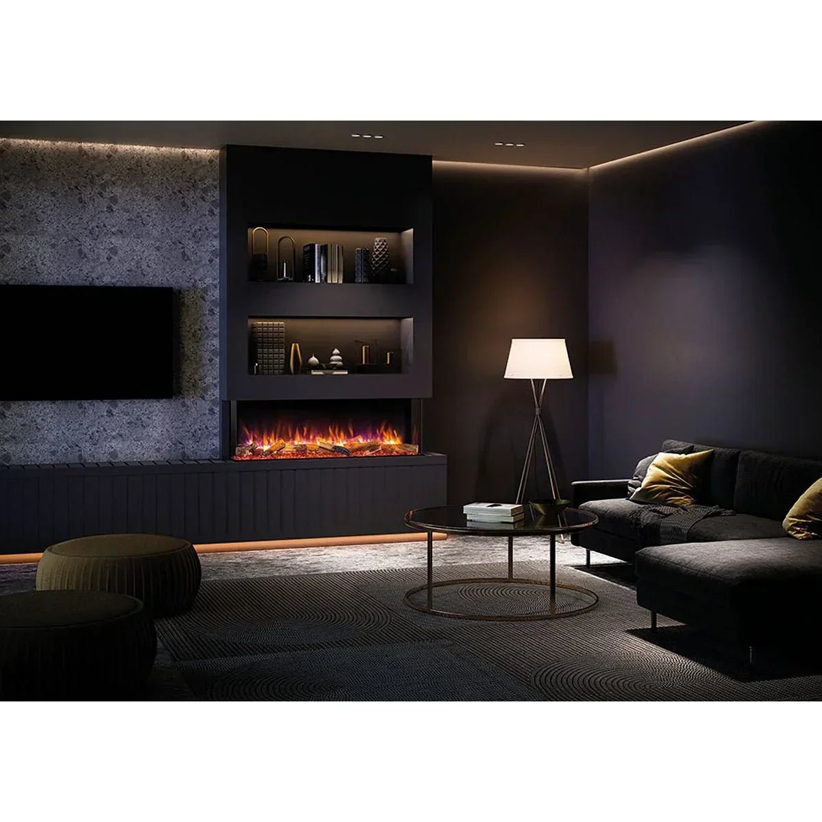 Modern living room with black sofa, round glass coffee table, electric fireplace, floor lamp