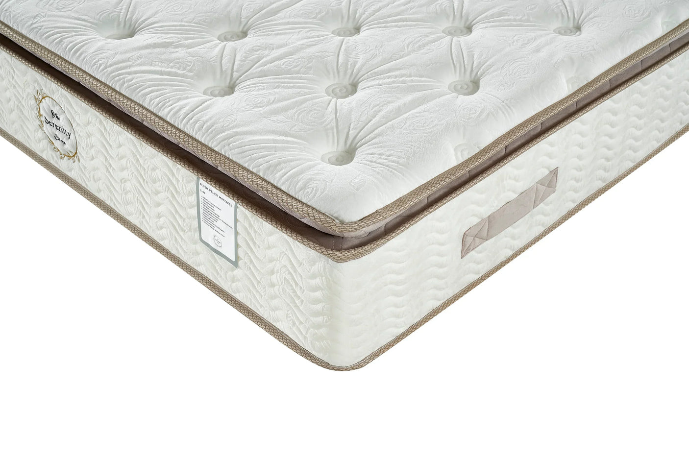 Pocket sprung mattress with quilted top and beige trim, side handle and label visible