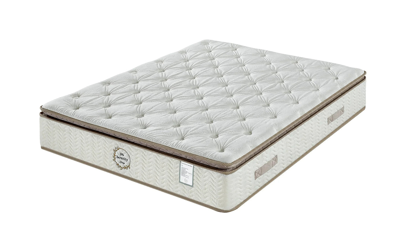 Luxury pillow top mattress with quilted surface and side handles, angled front view