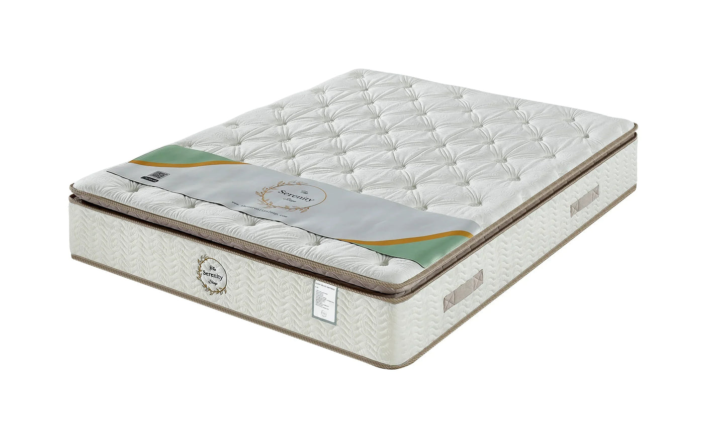 Luxury pillow top mattress with quilted white surface and side handles, angled view