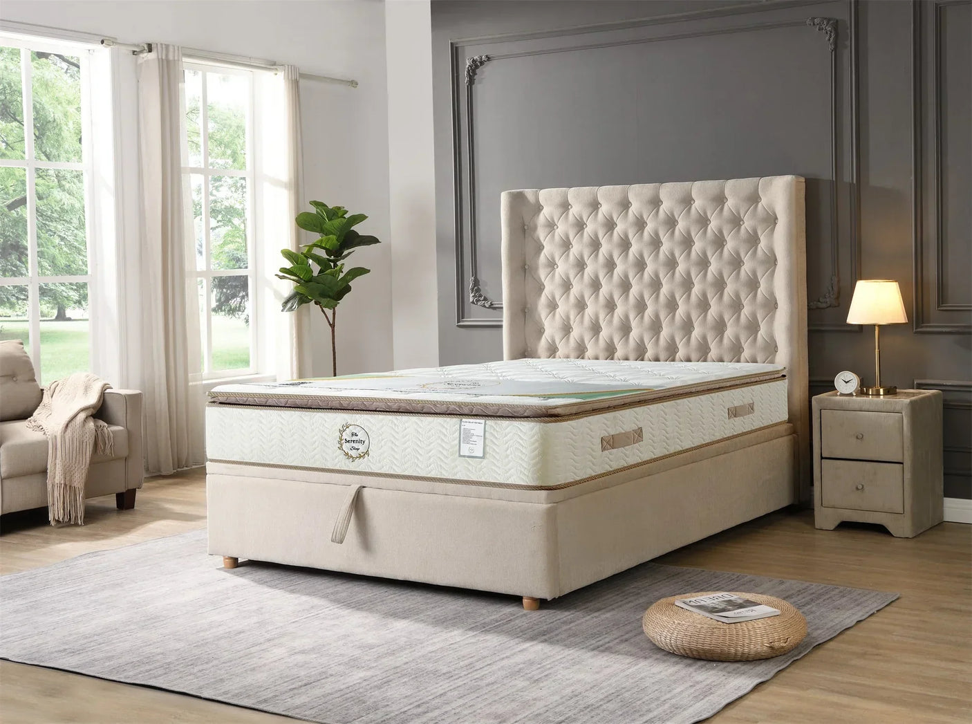 Beige upholstered bed with tufted headboard and mattress in a modern bedroom setting
