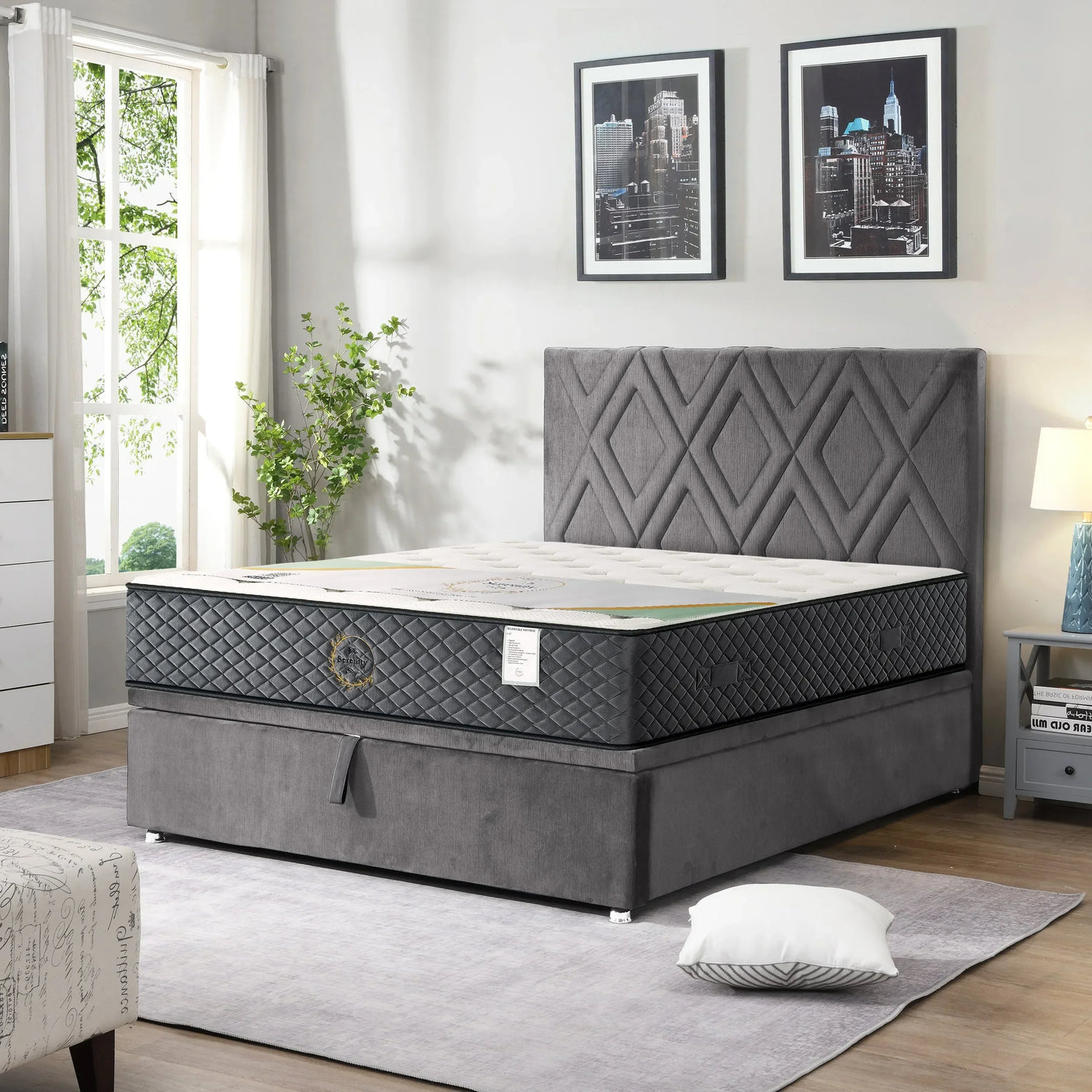 Grey upholstered bed frame with diamond patterned headboard and double mattress in modern bedroom