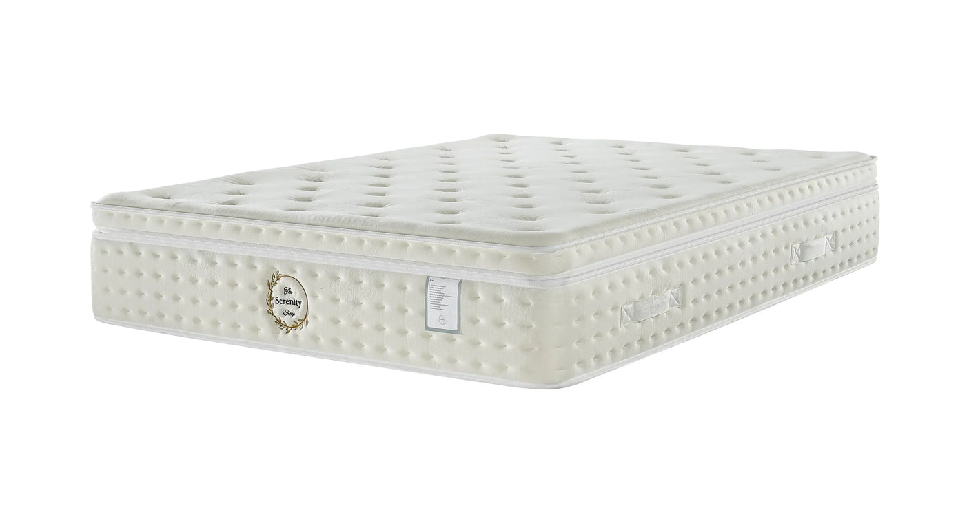Luxury pocket sprung mattress with quilted top and side handles, corner angle view