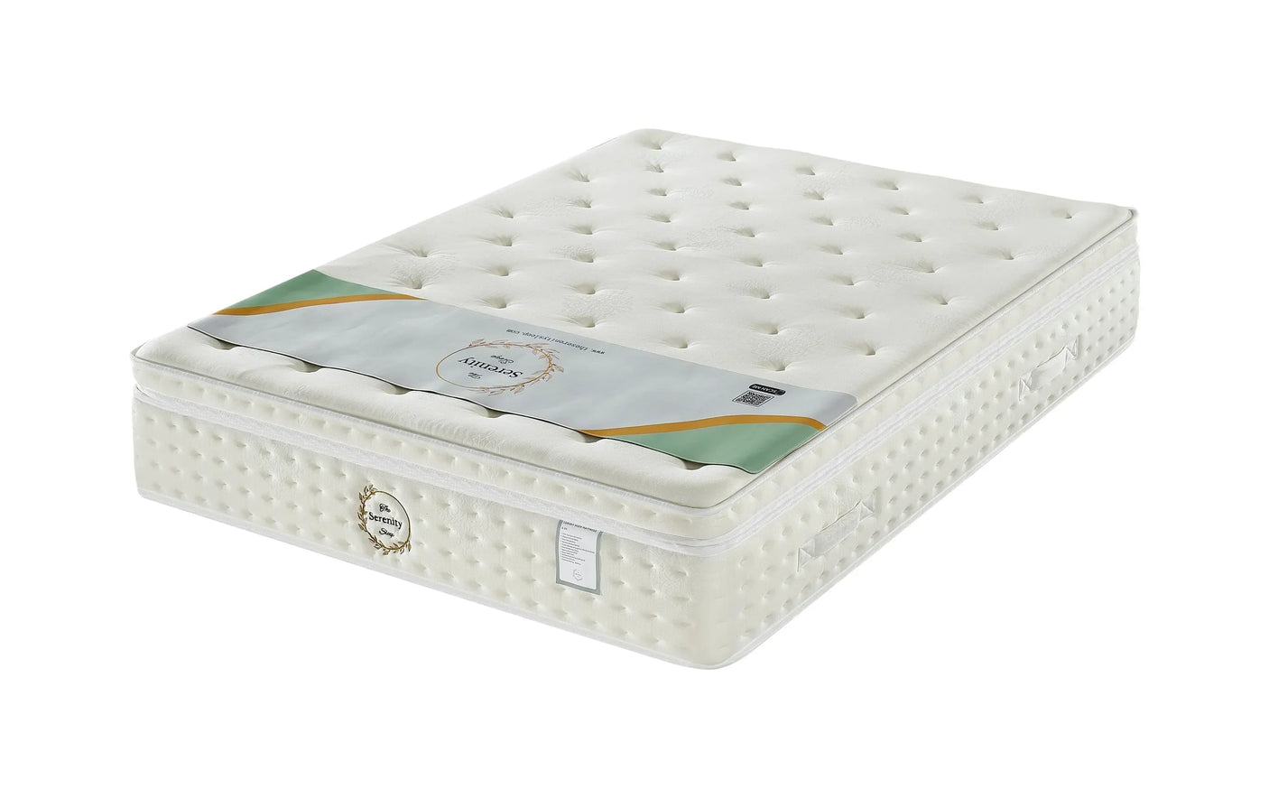 White pillow top mattress with tufted surface and side handles on white background