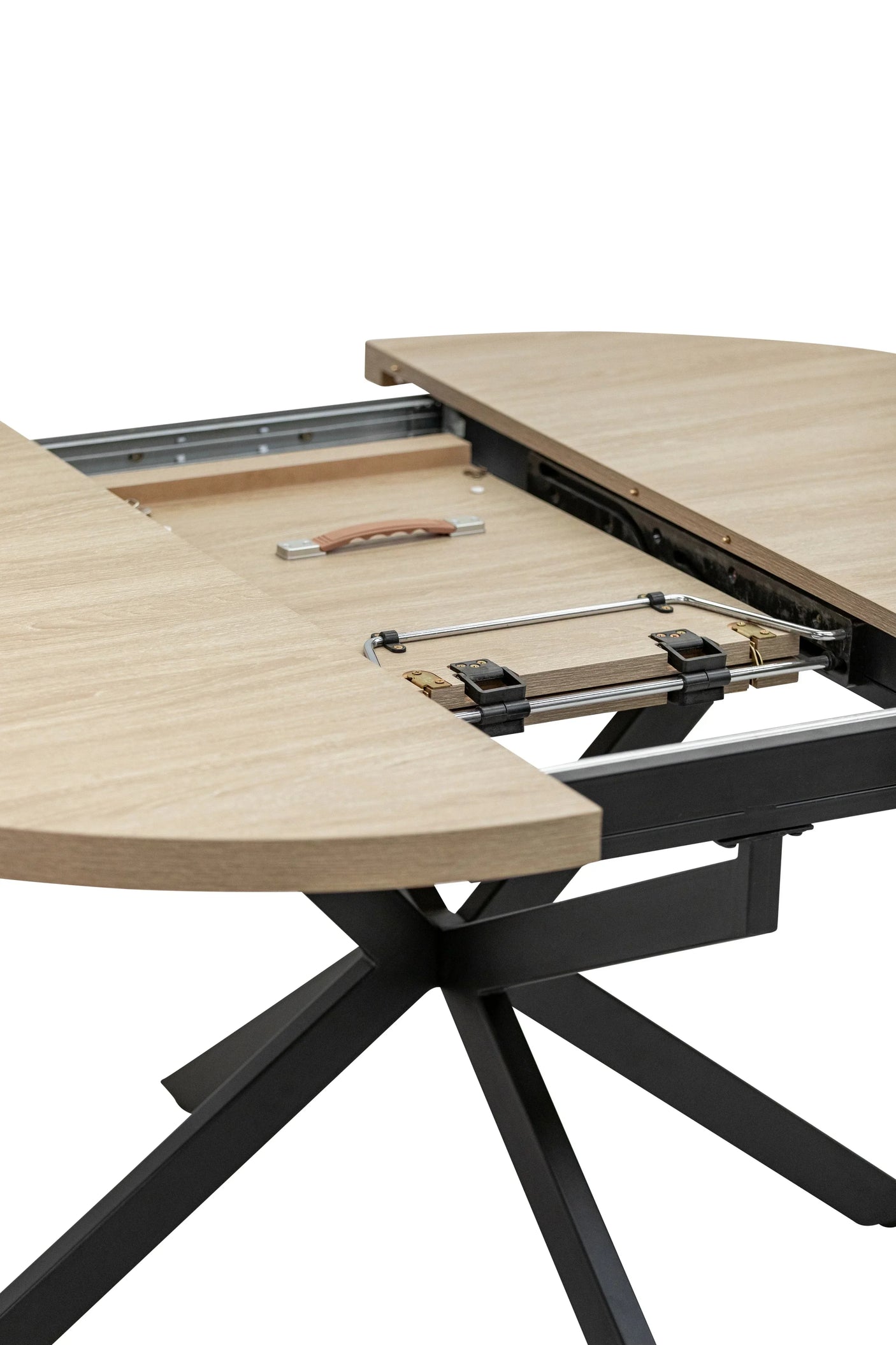 Extending dining table with light wood top and black metal legs, shown partially opened