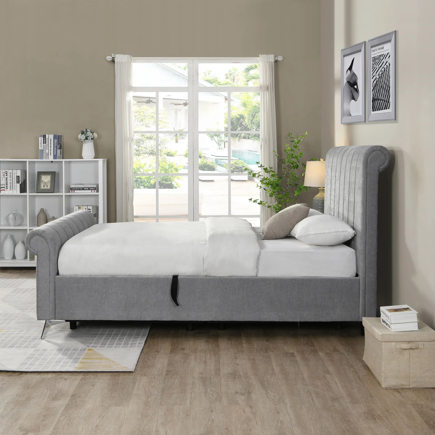 Grey upholstered bed frame with vertical stitching and side storage drawer in modern bedroom