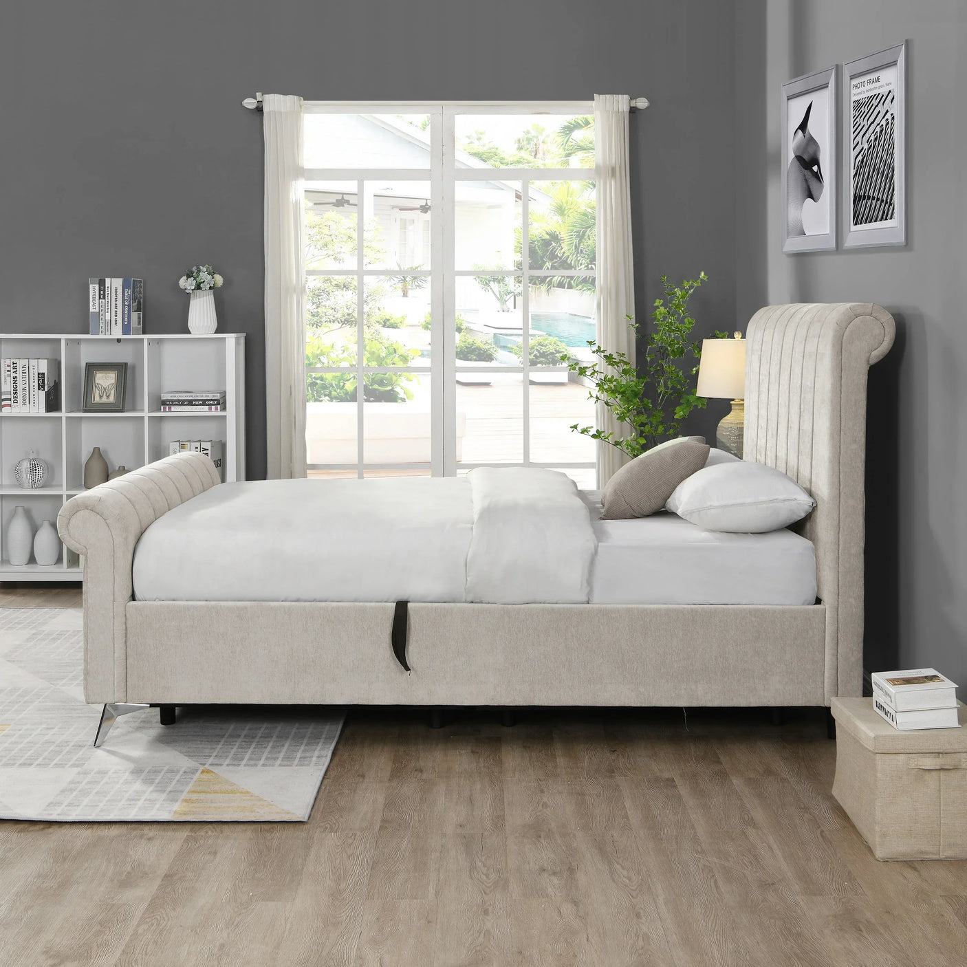 Beige upholstered bed with scroll headboard and footboard in modern bedroom setting
