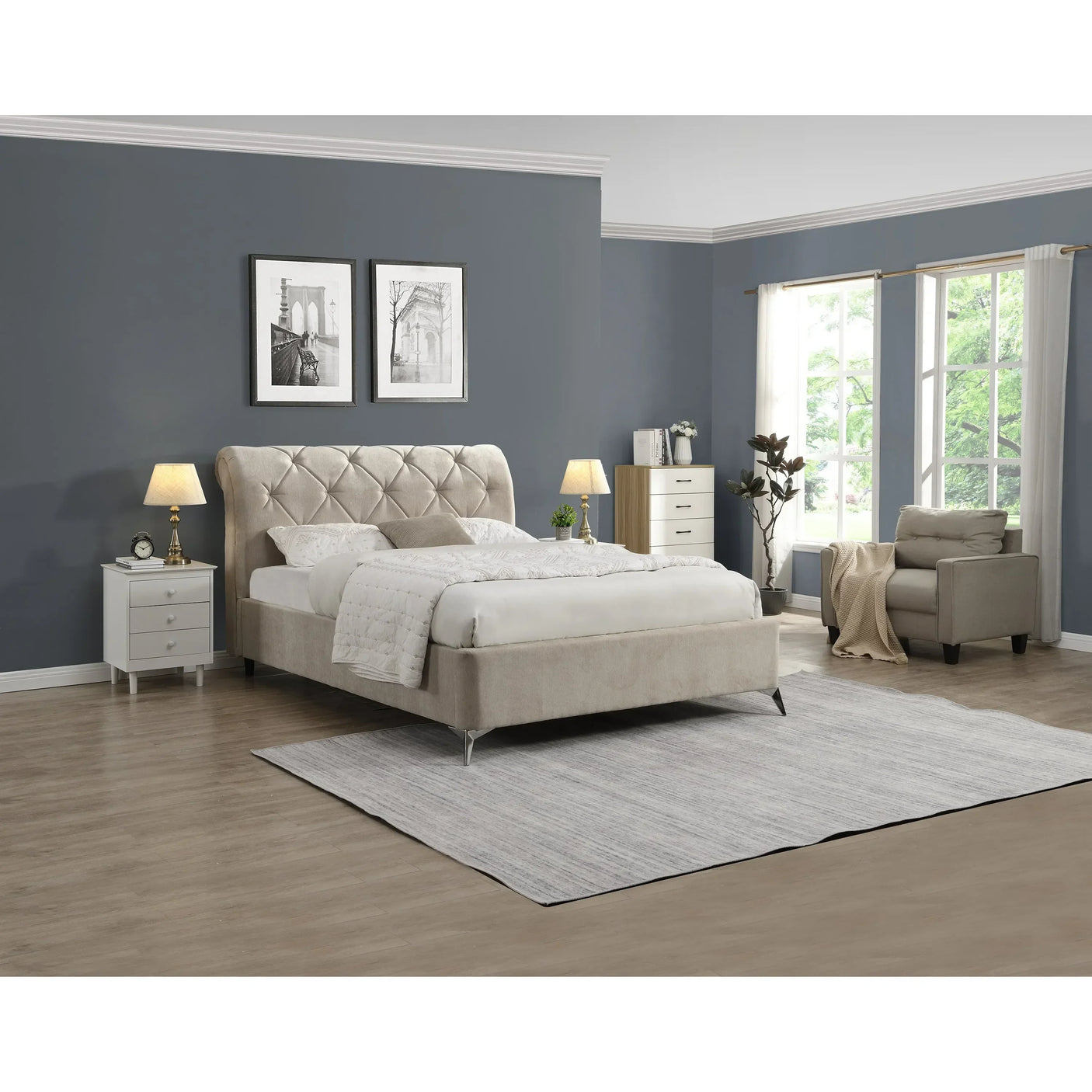 Beige upholstered bed with tufted headboard in modern bedroom setting with matching furniture