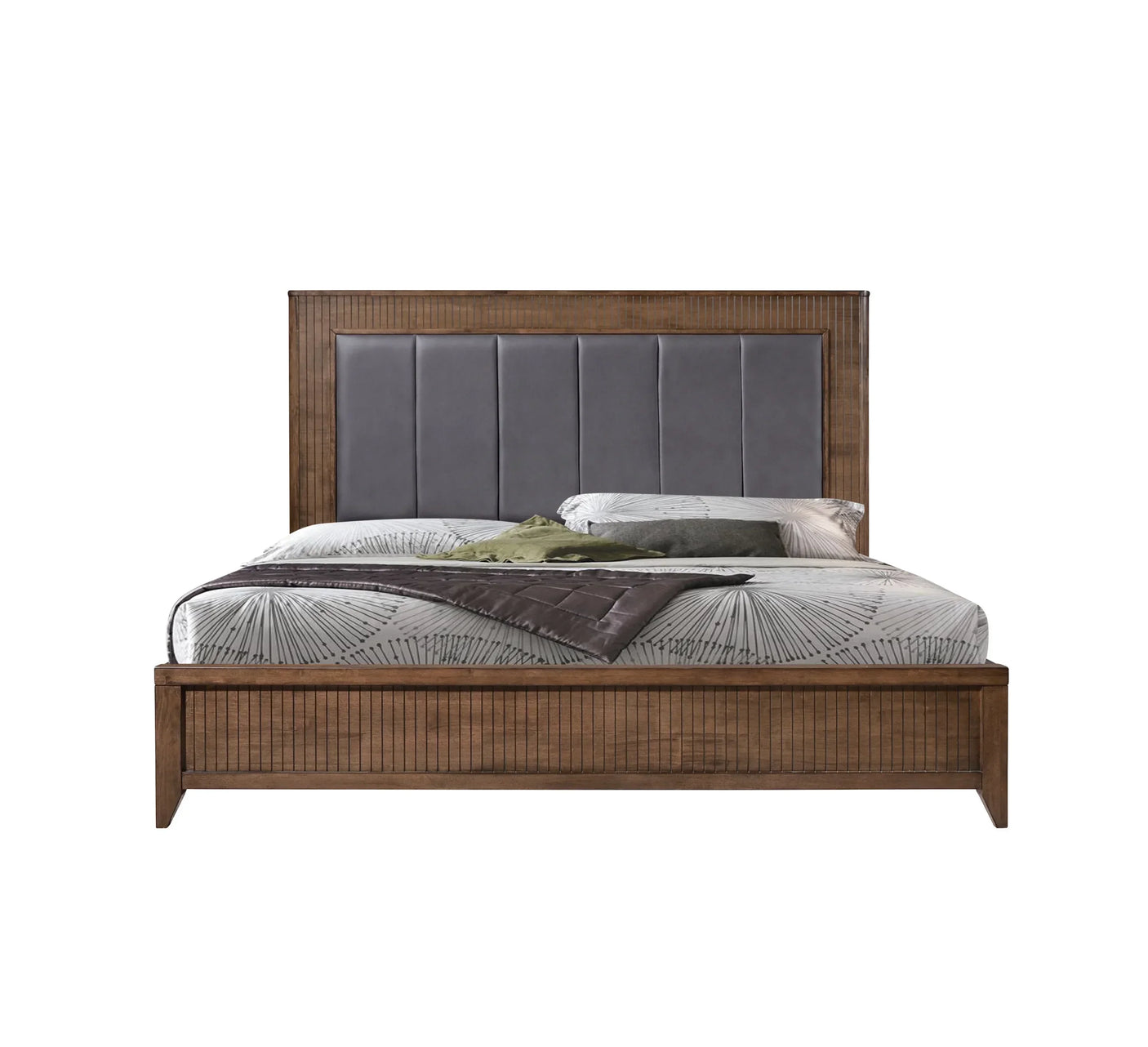 Wooden bed frame with tall grey upholstered headboard and patterned bedding, front view