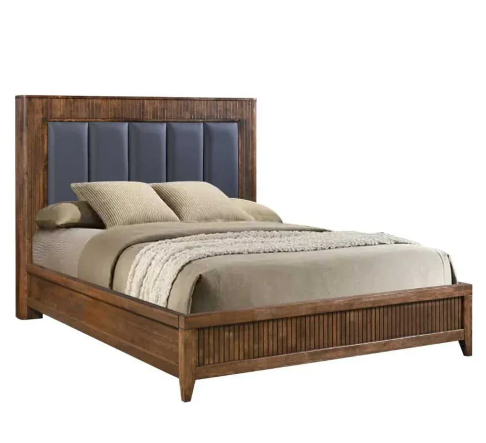 Wooden bed frame with padded navy headboard and beige bedding, front angle view