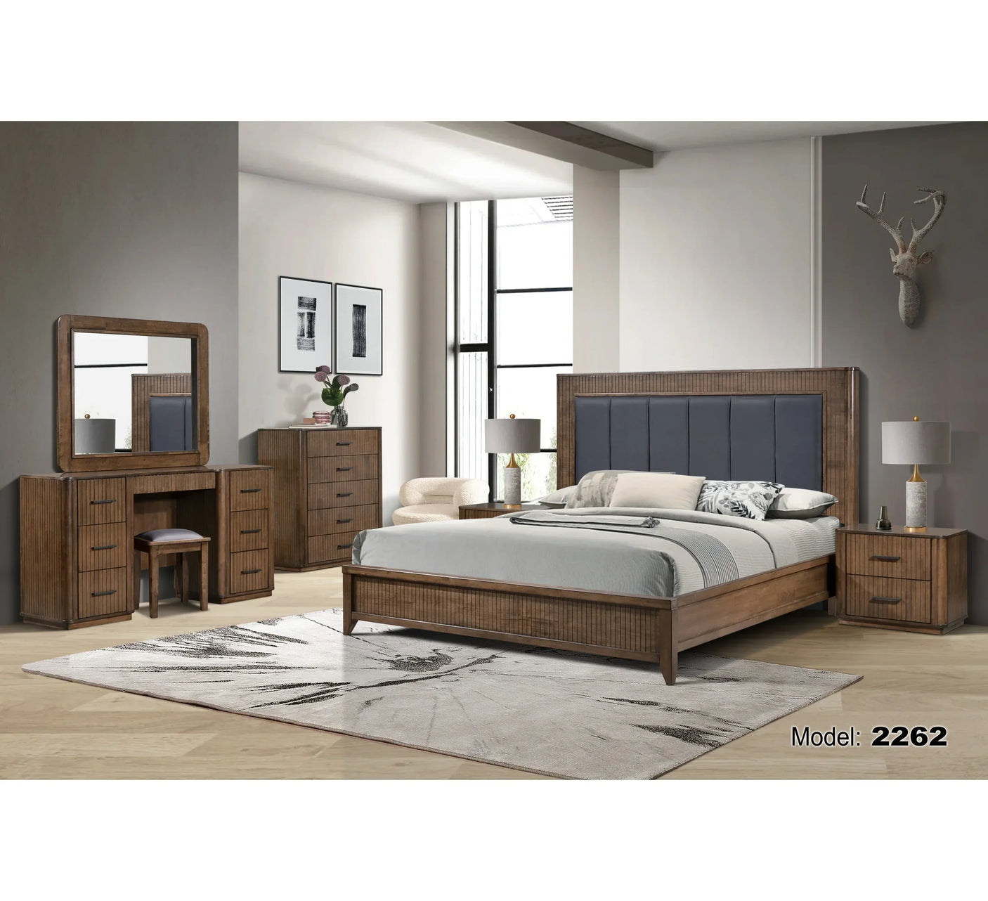Wooden bedroom furniture set with double bed, dresser, vanity, and bedside table