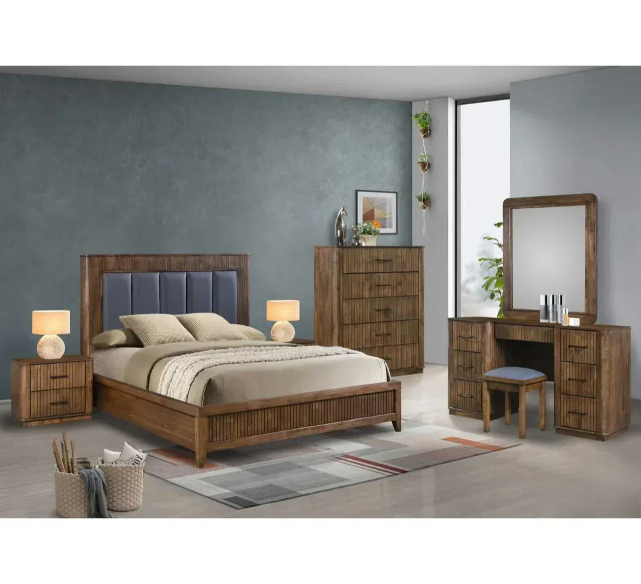Wooden bedroom furniture set with bed, two bedside tables, dresser and vanity table