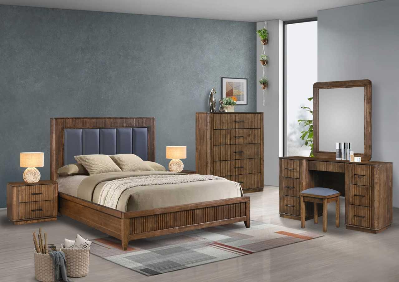 Wooden bedroom furniture set with double bed, bedside tables, chest of drawers, and dressing table
